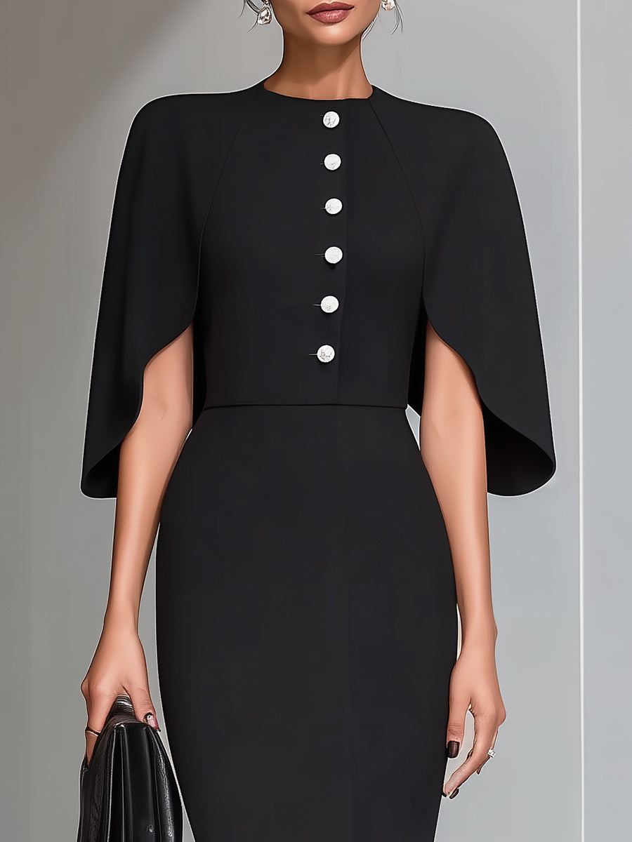 Black Cape-Sleeve Midi Sheath Dress