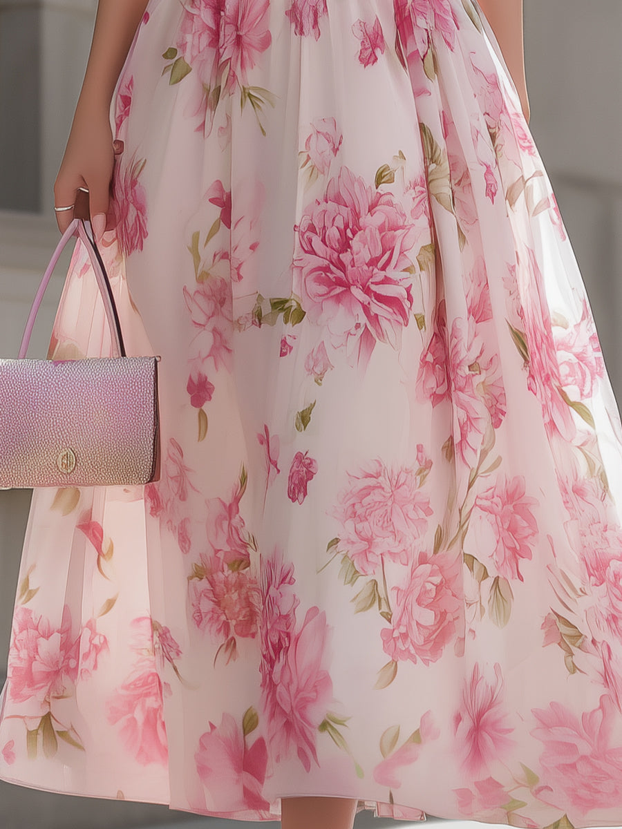 Pink Floral One-Shoulder Chiffon Midi Dress