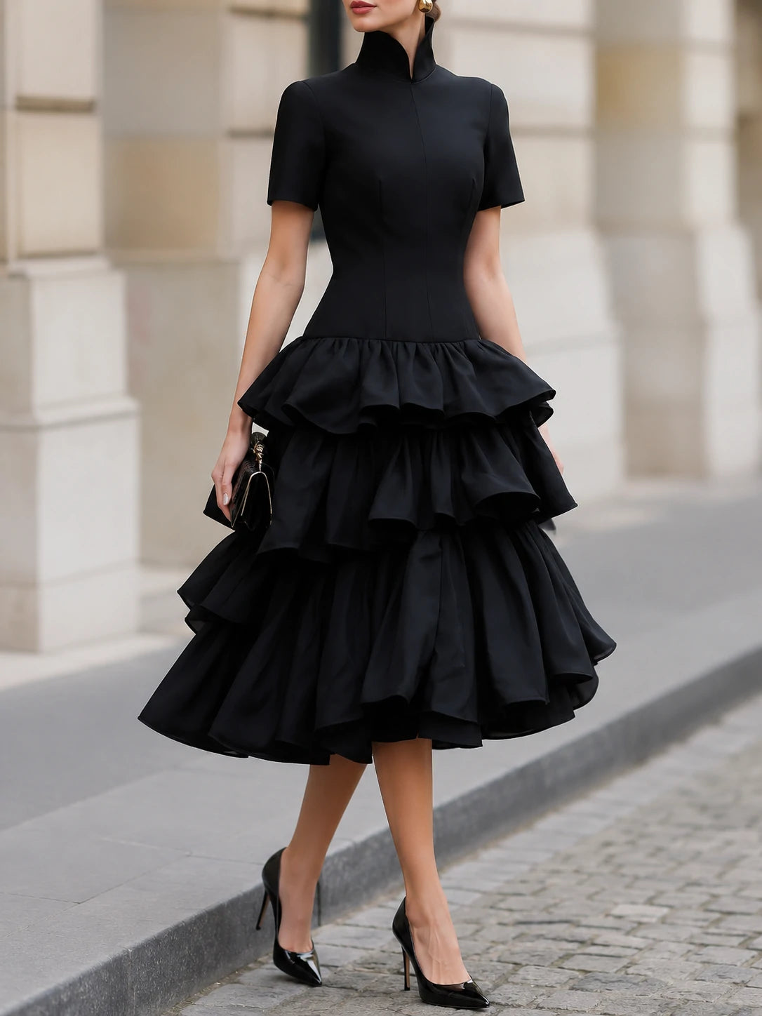 High Neck Tiered Ruffle Midi Dress