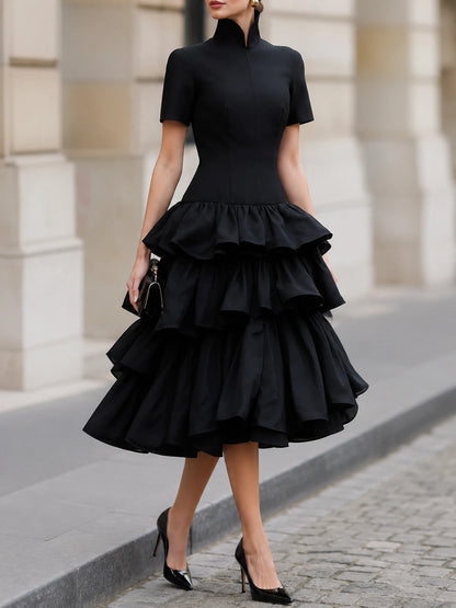 High Neck Tiered Ruffle Midi Dress
