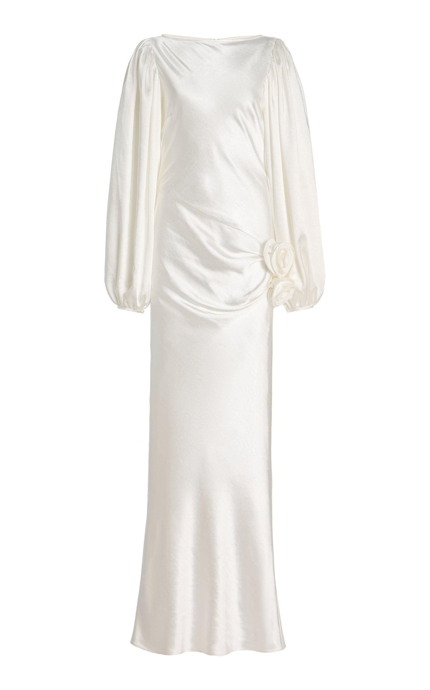 Vivir Baloon-Sleeve Rose-Detailed Hammered-Satin Maxi Dress