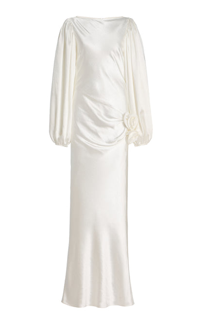 Vivir Baloon-Sleeve Rose-Detailed Hammered-Satin Maxi Dress