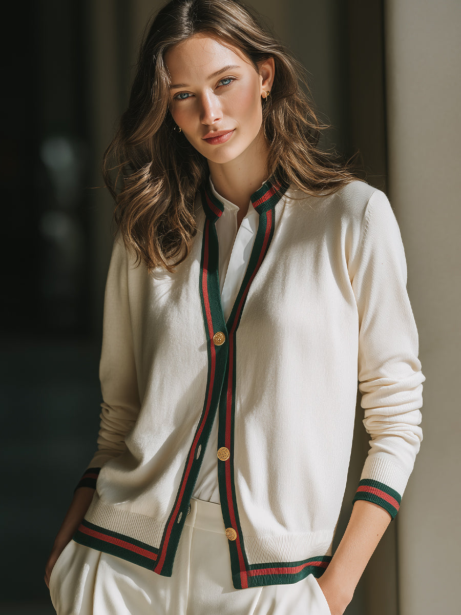 Contrast Trim Button-Front Knit Cardigan