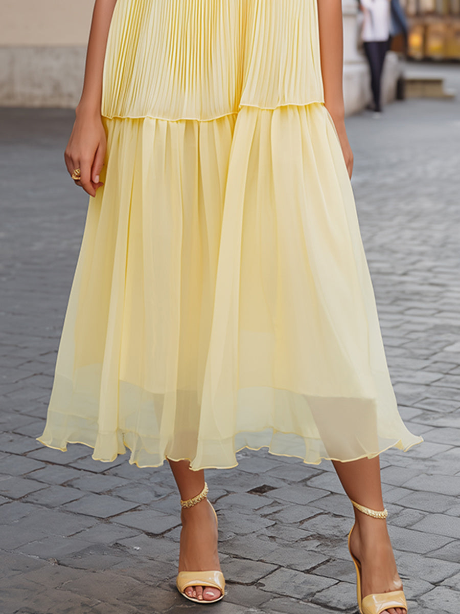 Luminous Grace: Pleated Tiered Sleeveless Midi Dress