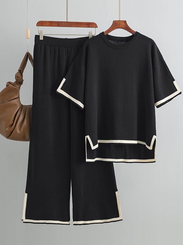 Elegant Contrast Color Split Short-Sleeved Sweater Trousers Two-Piece Set