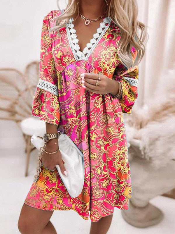 V-neck Printed Lace Stitching Bohemian Casual Boho Tunic Dress