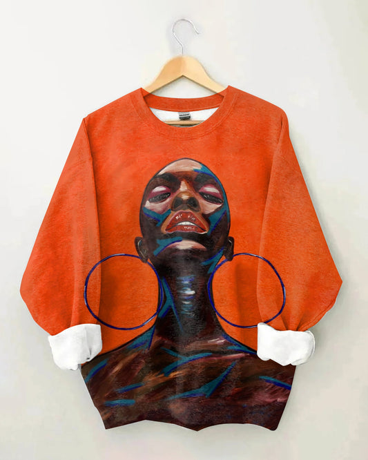 Bald Big Earring Woman Art Oil Painting Long Sleeve Sweatshirt