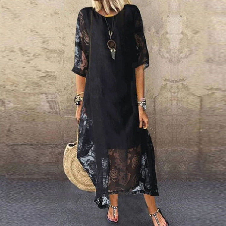 Plus Size round Neck Short Sleeve Lace Long Casual Dress