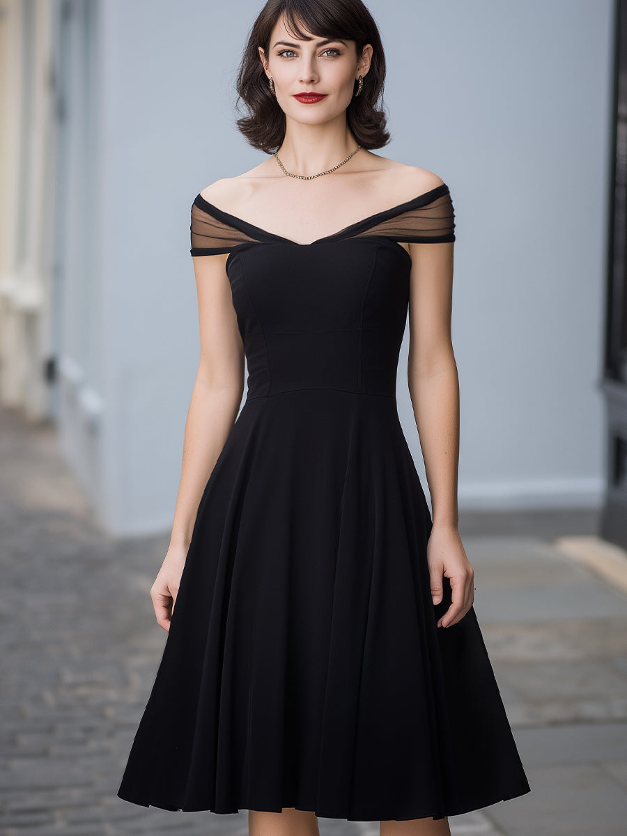 Off-Shoulder Mesh Trim A-Line Midi Dress