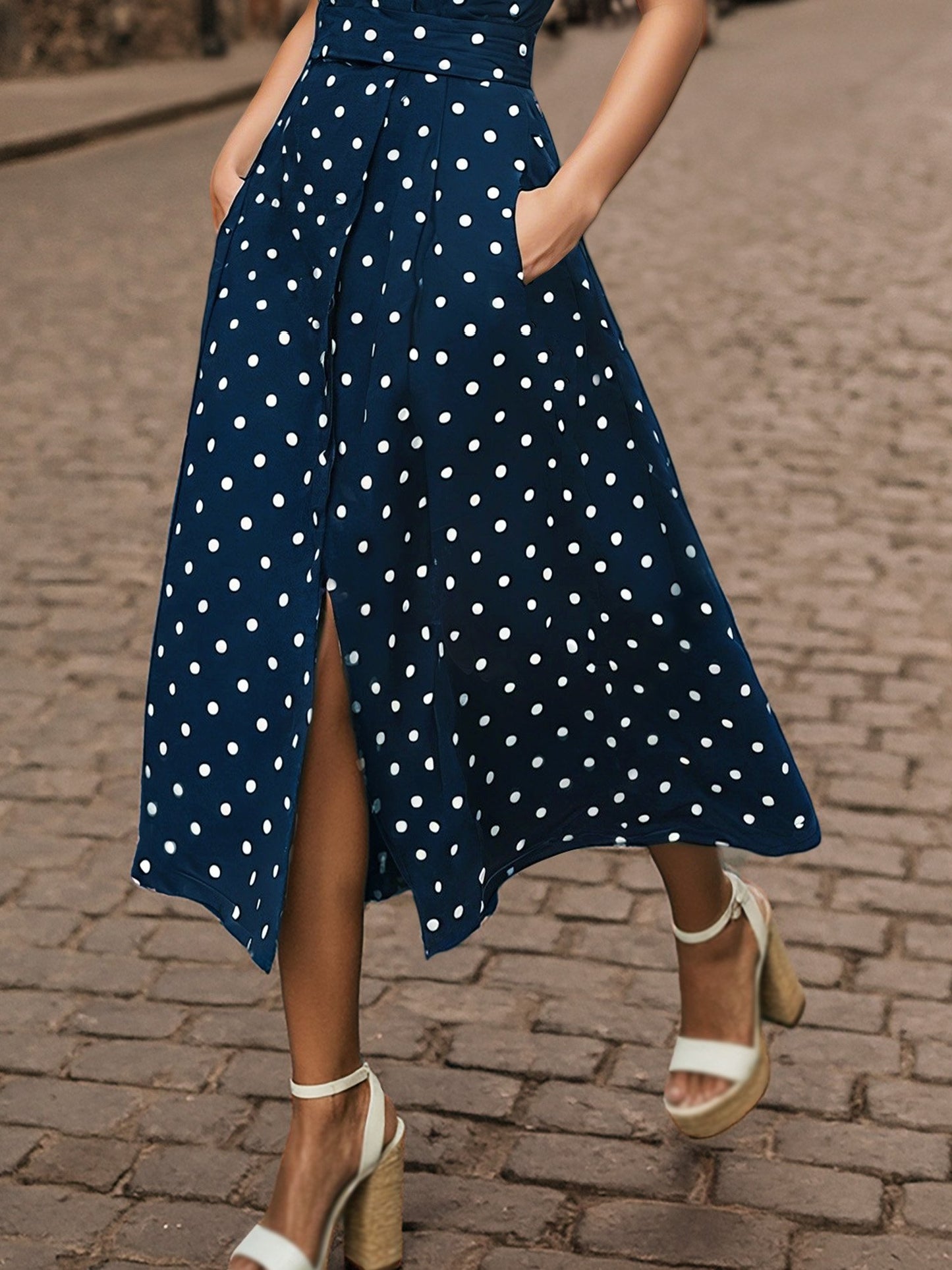 Midi Cotton Dress , Sleeveless, Shawl Collar, Polka Dots, Button Design, French Vintage, Purplish Blue