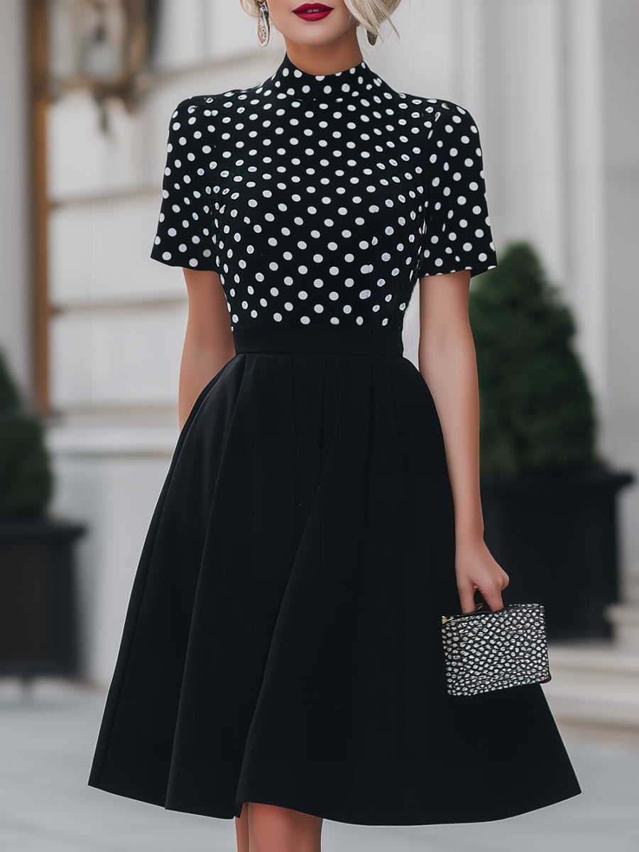 Black Polka Dot Mock Neck Fit-and-Flare Midi Dress