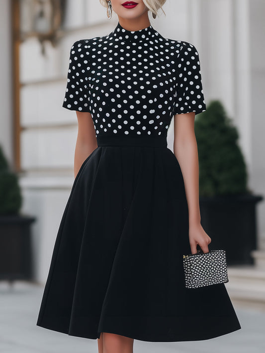 Black Polka Dot Mock Neck Fit-and-Flare Midi Dress
