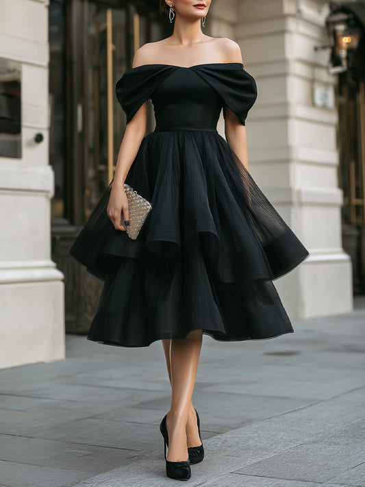 Off-Shoulder Layered Tulle Midi Dress