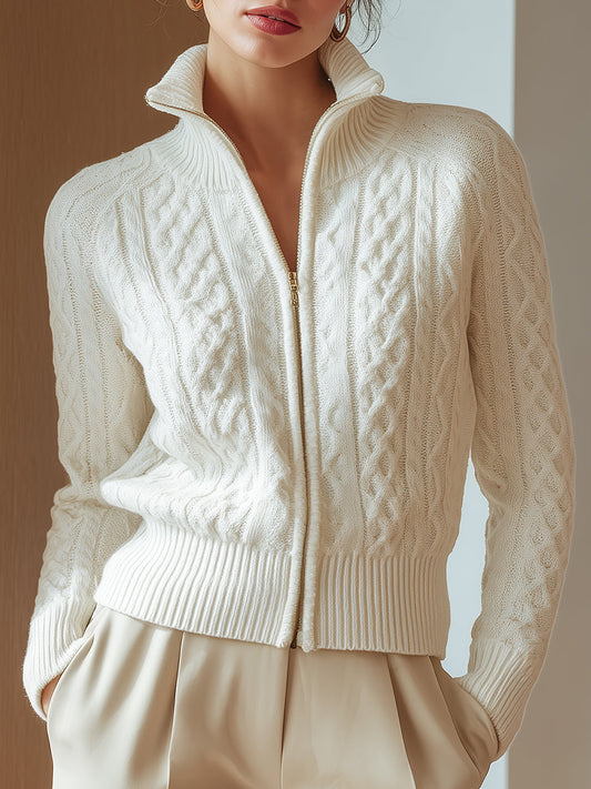 White Cable-Knit Zip Cardigan