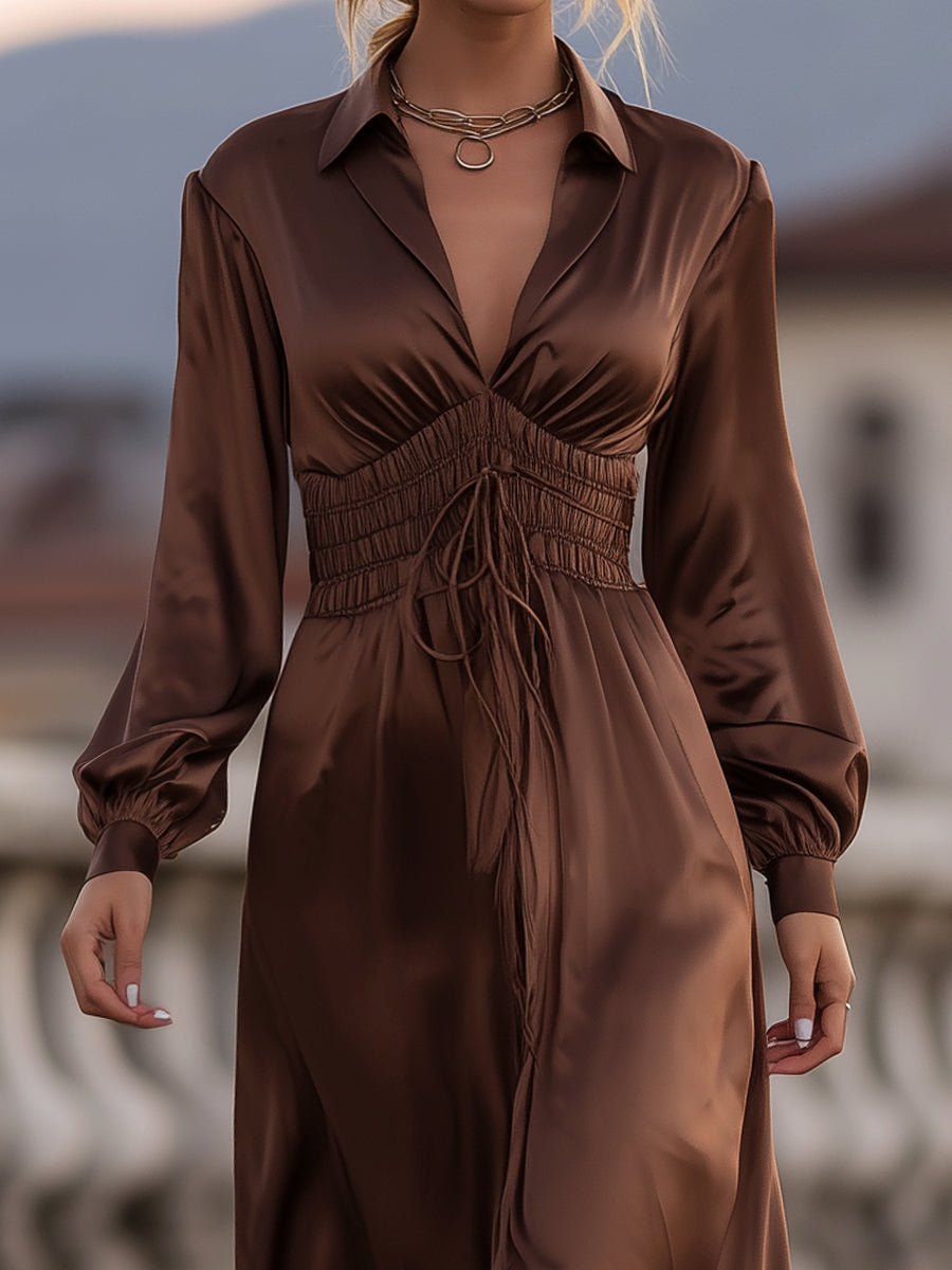 KSXTXX Satin Cinched Waist Maxi Dress In Mocha Brown