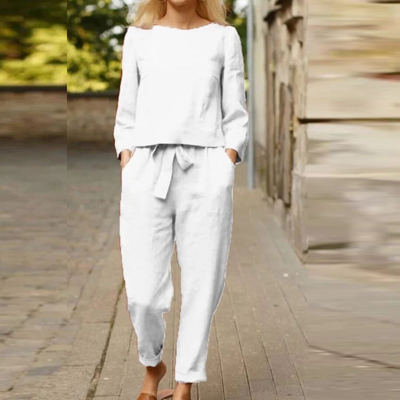 Round Neck Top and Drawstring Pants Two-piece Set