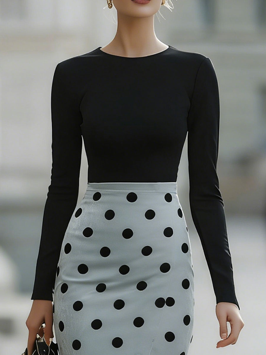 Modern Contrast Black & Polka Dot Bodycon Dress
