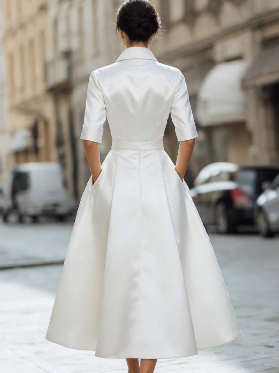 Timeless Ivory Satin Shirt Dress With Front Buttons