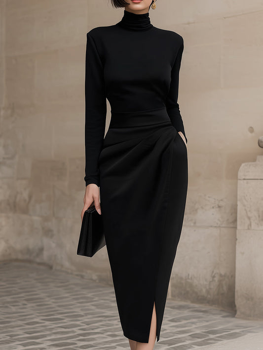 Sleek Black Turtleneck Draped Midi Dress