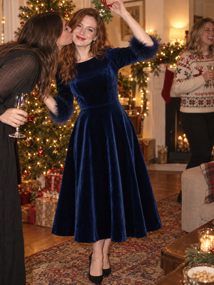 Velvet Round Neck Feather Cuff Fit And Flare Midi Dress