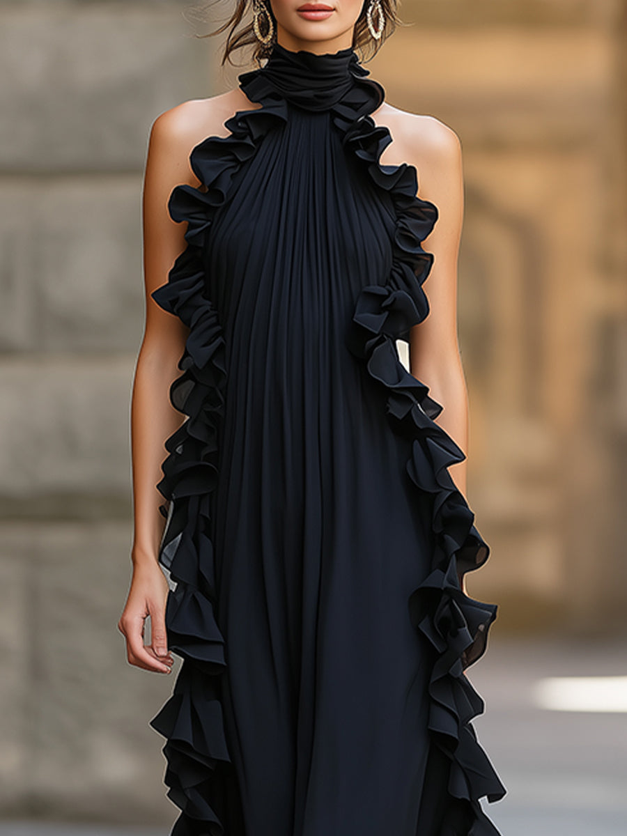 Midnight Elegance Ruffled Halter Pleated Chiffon Maxi Gown