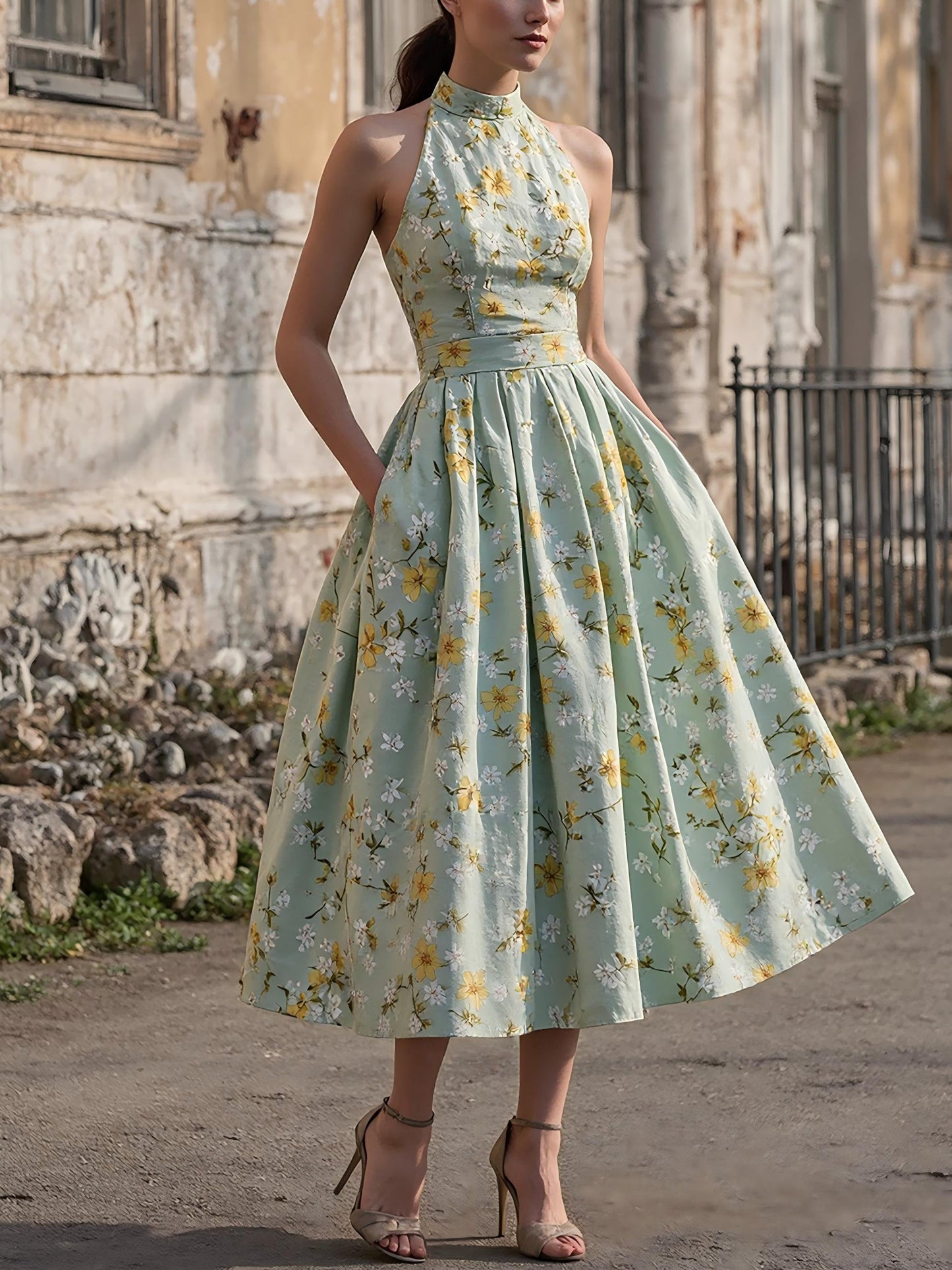 Midi Linen Dress , Sleeveless, Halter, Floral, Pocket Design, Vacation, Vintage, Aqua