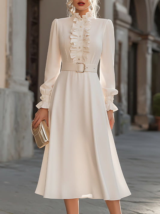Ivory Ruffled Shirt Dress With Belt