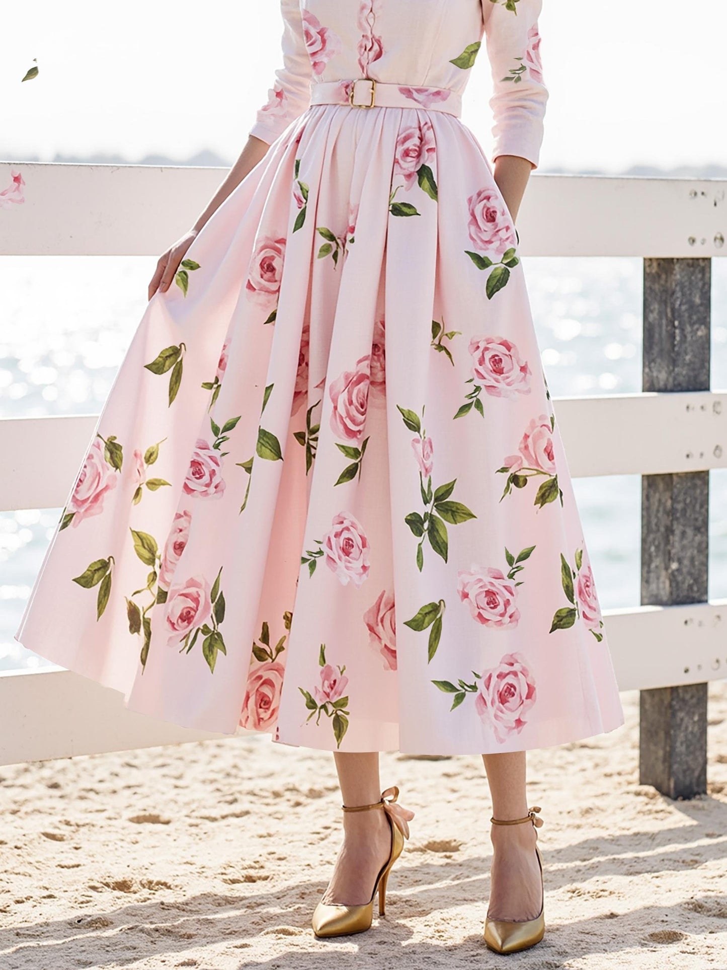 Midi Linen Dress , Long Sleeves, V Neck, Floral, Belt Design, Vacation, Vintage, Light Pink