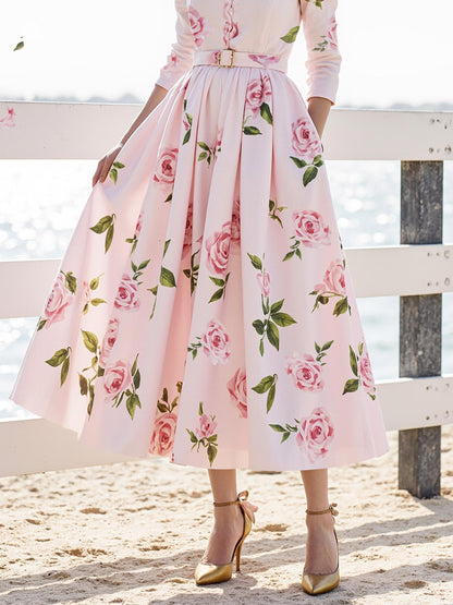 Midi Linen Dress , Long Sleeves, V Neck, Floral, Belt Design, Vacation, Vintage, Light Pink