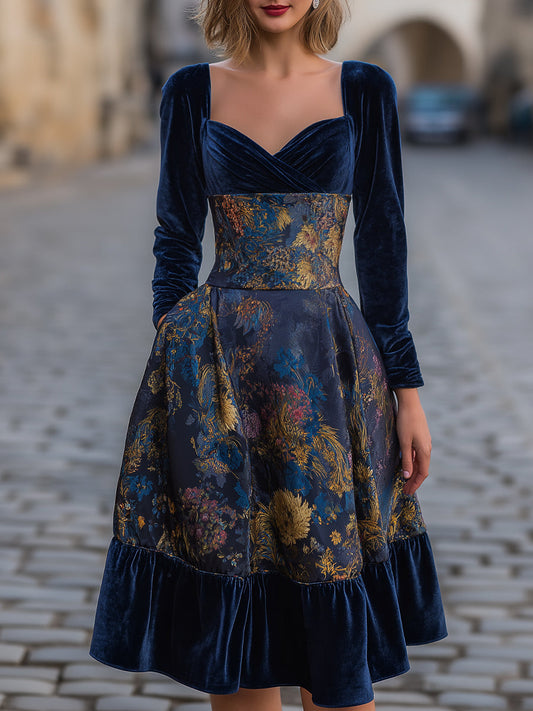 Velvet Bodice Printed Midi Dress With Long Sleeves