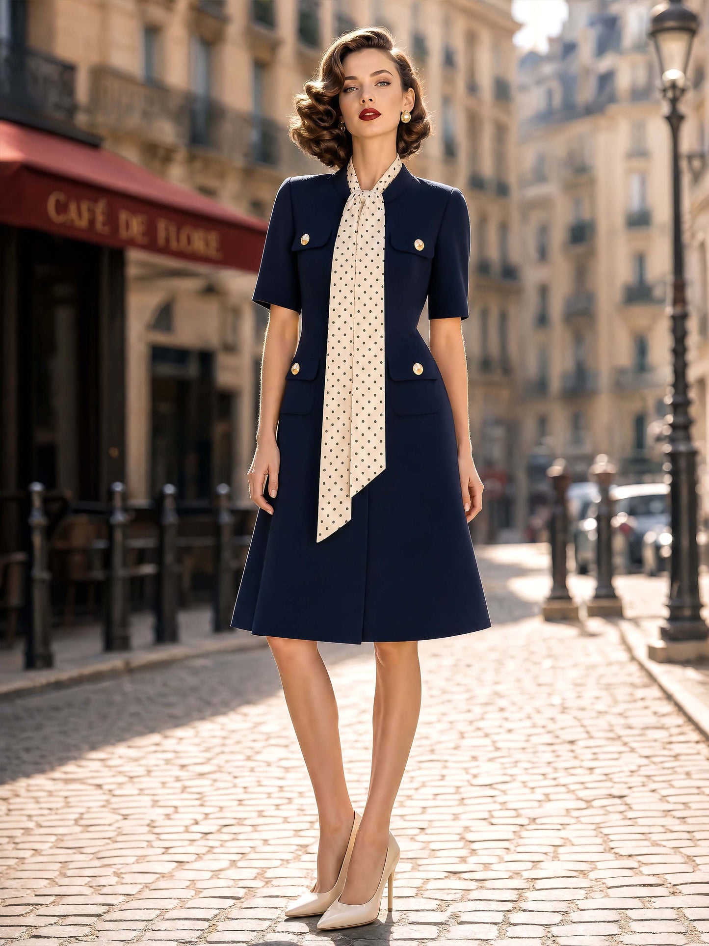Vintage Tie Neck A-line Midi Dress