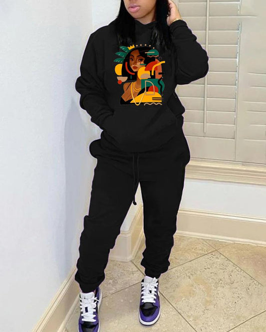 Hooded black cartoon geometric print women's sweatshirt suit