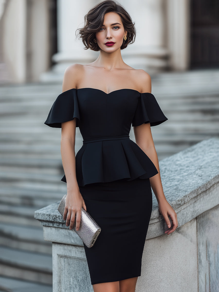 Off-Shoulder Peplum Overlay Structured Dress
