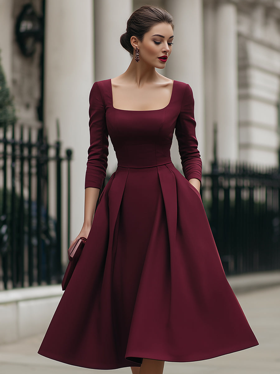 Elegant Square-Neck Plain A-Line Midi Dress
