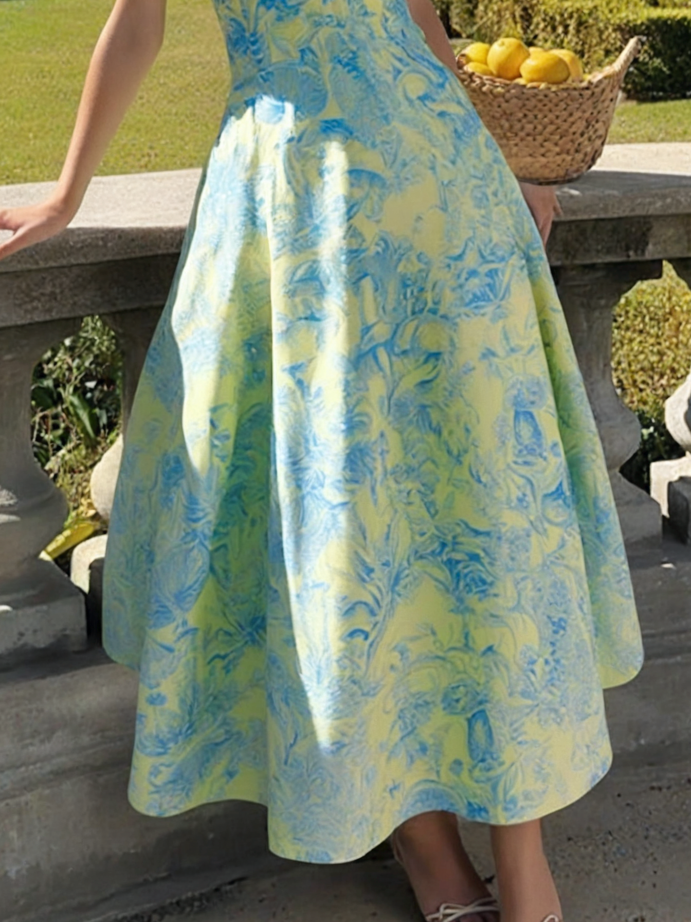 Maxi Linen Dress , Short Sleeves, Notched Collar, Plants Print, Vacation, Vintage, Blue