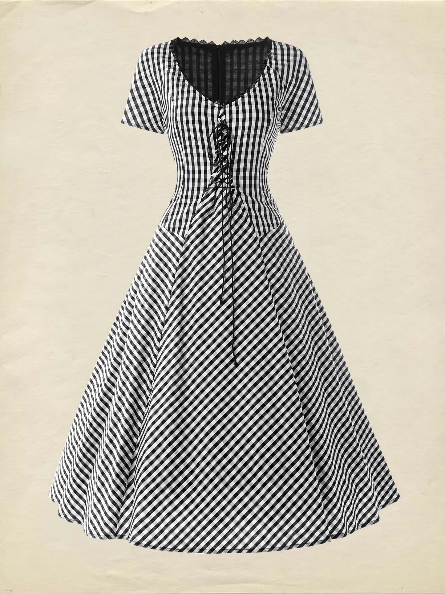 Cotton Midi Dress, Short Sleeve, Lace Collar, Plaid, Vintage, White