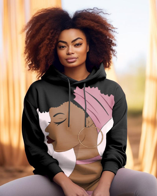 Afro Hair Gold Earrings Girl Long Sleeves Hoodie