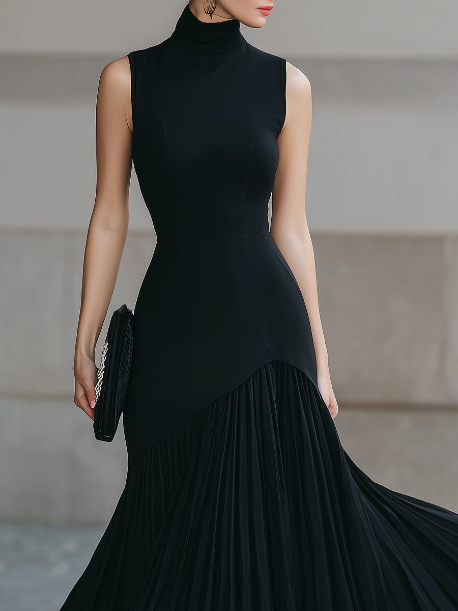 Black Pleated Midi Dress With Mock Neck