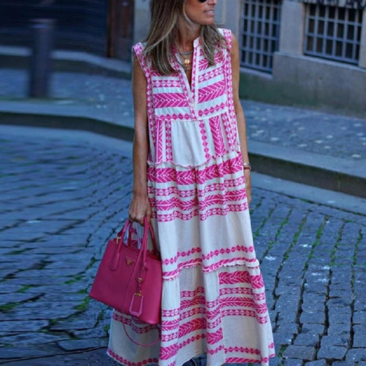 Dress Geometric Printed V-neck Sleeveless Maxi Boho Tunic Dress