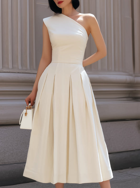 Ivory One-Shoulder Pleated Midi Dress