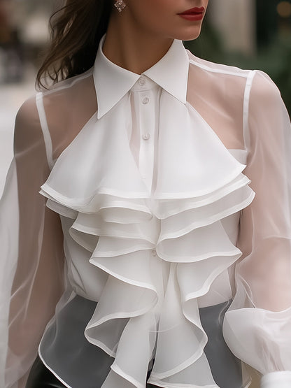 Layered Ruffle Sheer-Sleeve Blouse