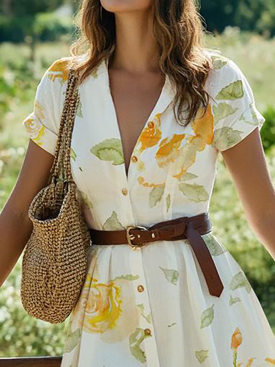 Linen Midi Dress, Short Sleeve, Floral, Vintage, White
