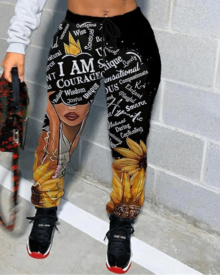 Casual Black Girl Letters Print Track Sweatpants