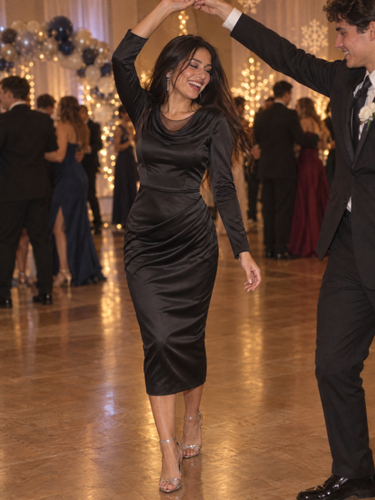 Satin Draped Mesh Cowl Neck Long Sleeve Midi Bodycon Dress