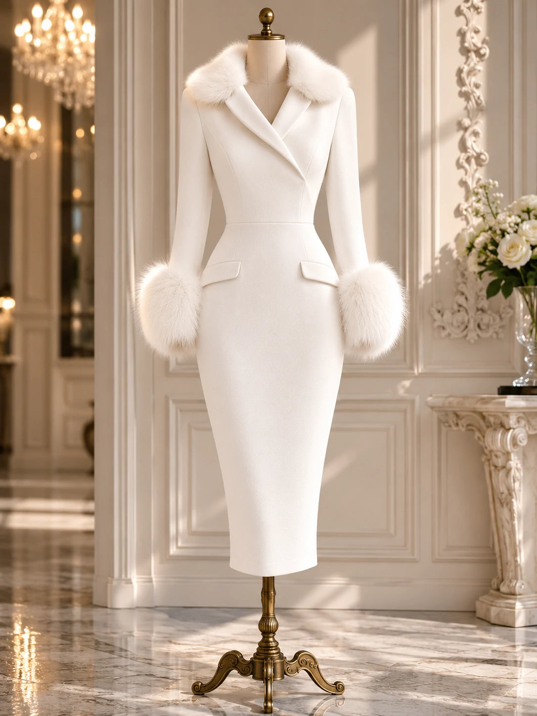 White Faux Fur Trim Knit Midi Dress – Office to Dinner Statement Dress