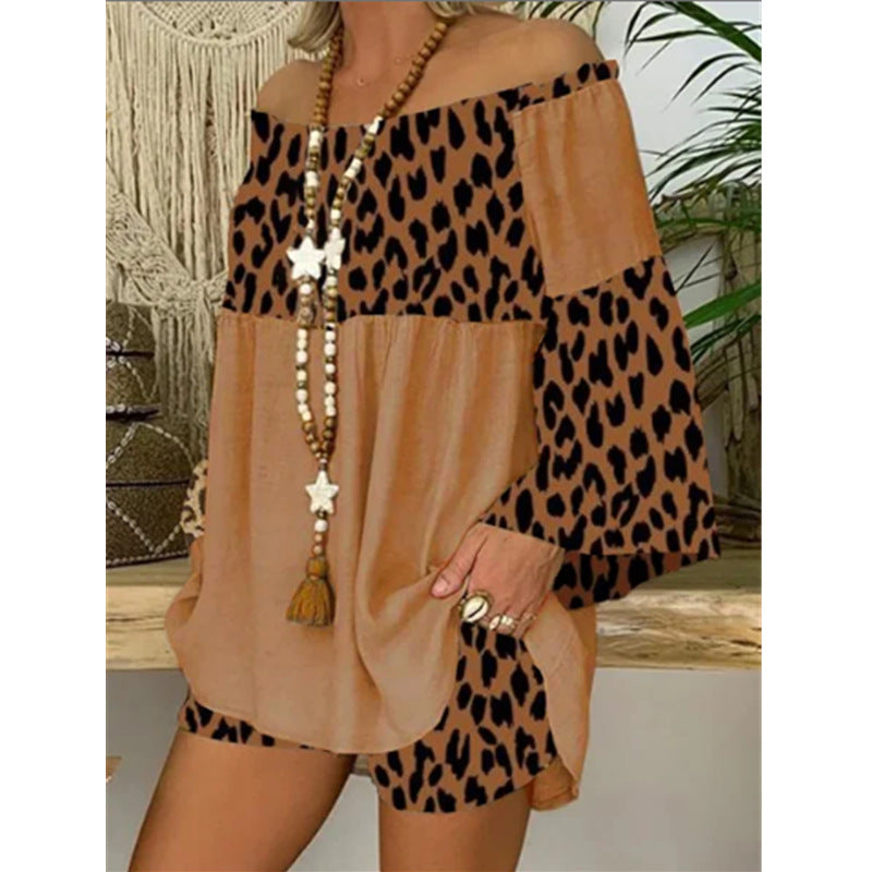 Plus Size Leopard Splicing Loose plus Size Cotton and Linen Suit