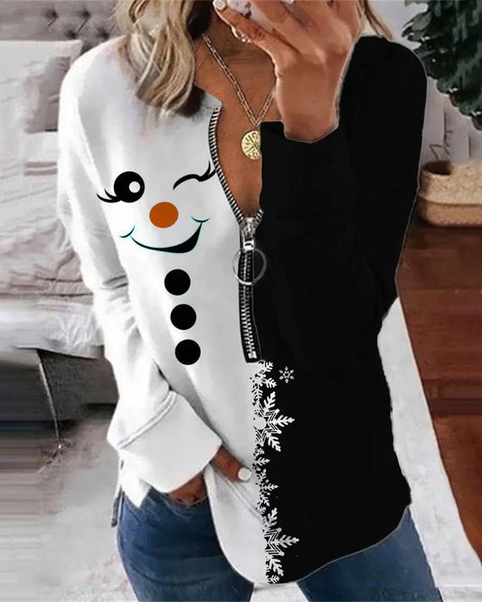 Christmas Cute Snowman Contrast Zip Sweatshirt