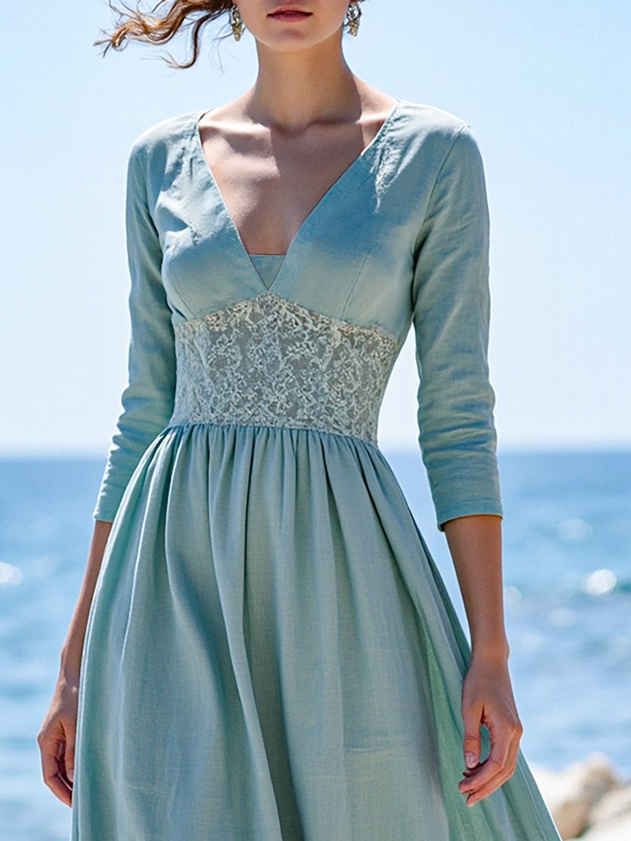 Maxi Linen Dress, Half Sleeve, V Neck, Plain, Lace, Vintage, Cyan