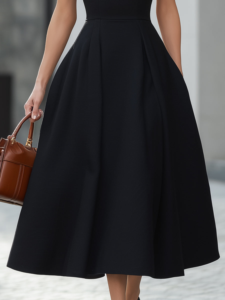 Black Halter Neck Fit-and-Flare Midi Dress