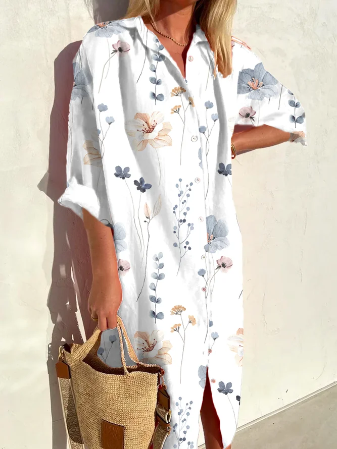 Plus Size Lapel Long Sleeve Floral Print Shirt Dress